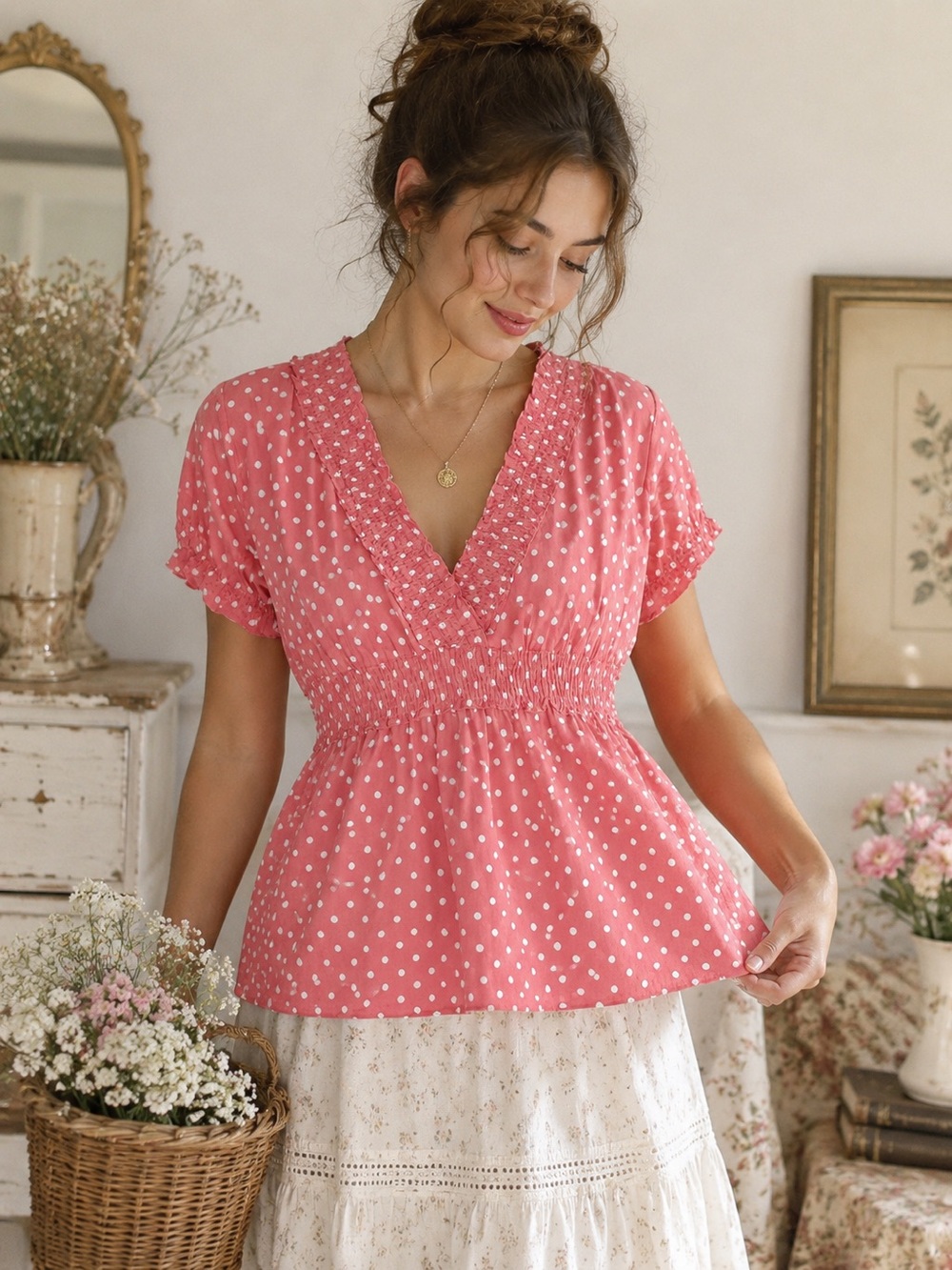 At‎ Last Coral Ice Polka Dot Smocked Babydoll Top Large Pink Cottagecore NEW